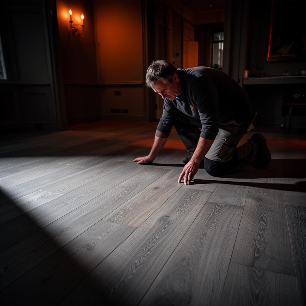 Flooring installer inspecting wooden floor on site